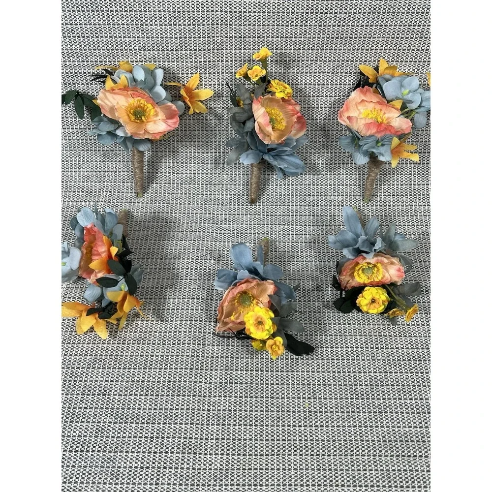 6 Pcs Apricot & Blue Boutonnieres